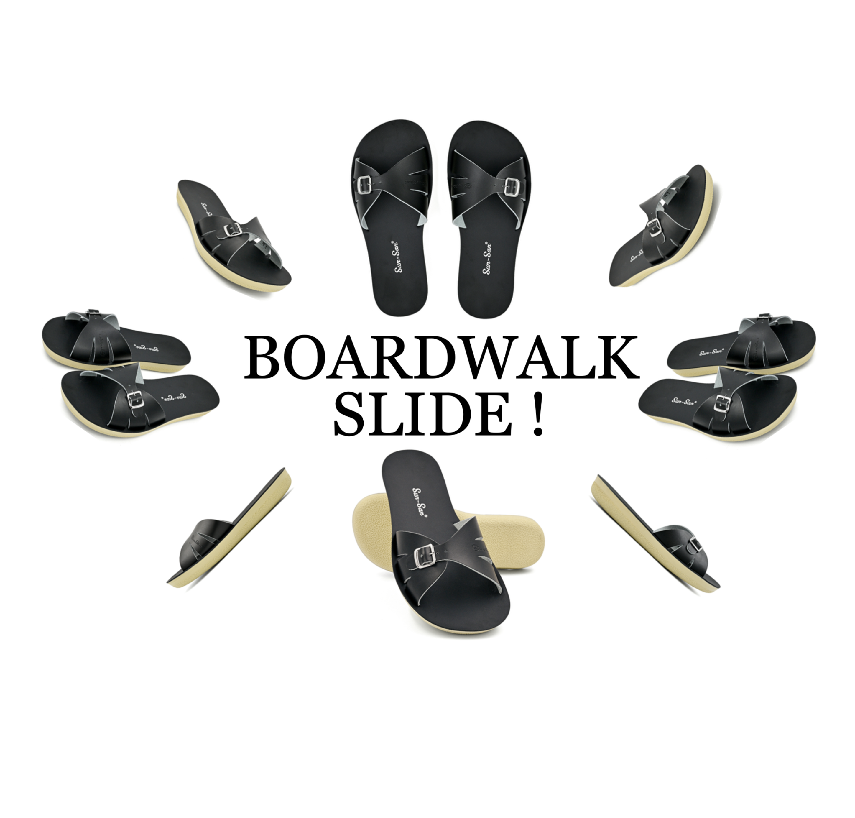 Black sandals with 'Boardwalk Slide' text on a white background