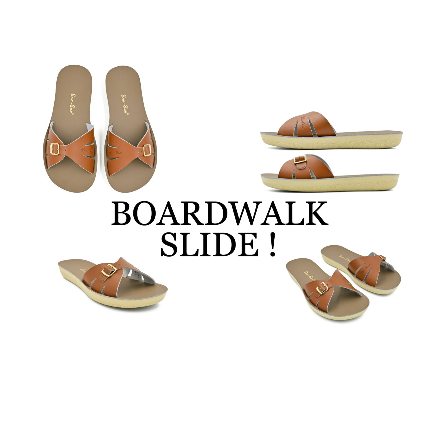 Boardwalk Slide sandals with brown straps on a white background